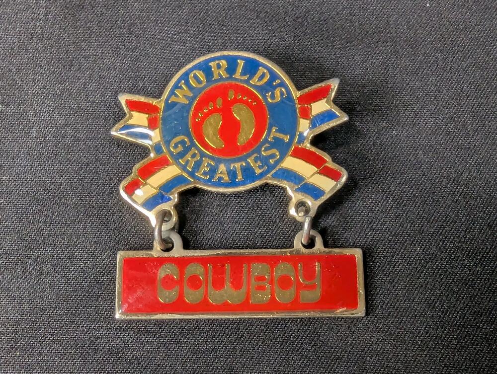 Vintage 1981 Hang Ten World's Greatest Cowboy Enamel‎ Pin Red White Blue Logo